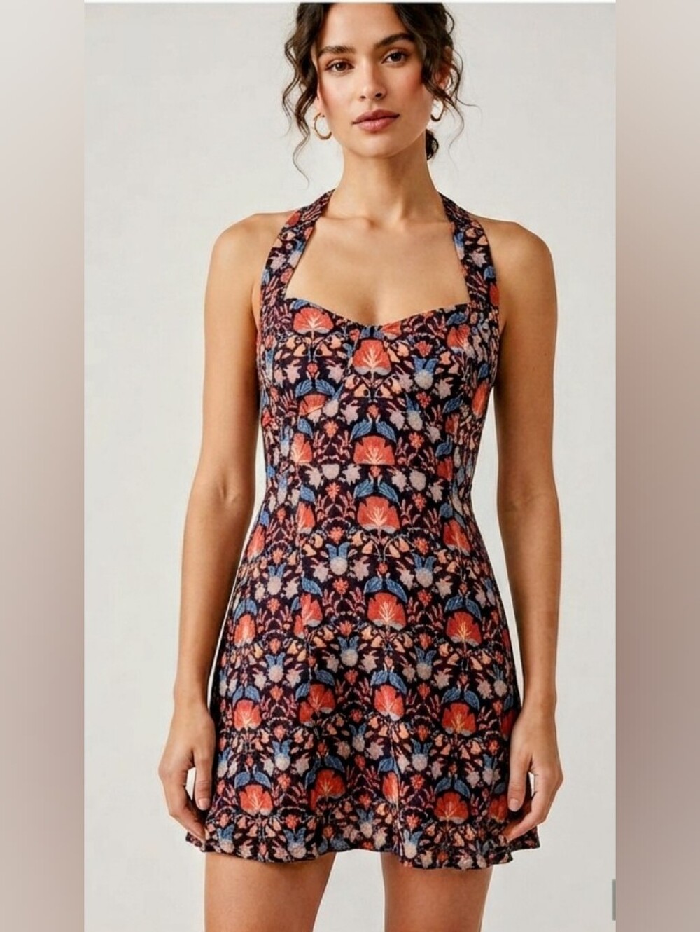 Free People Sasha Mini Dress HALTER TIE Black Combo Art Nouveau Floral Print M
